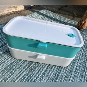 Teal and White Stackable Food Storage Container Bento Box